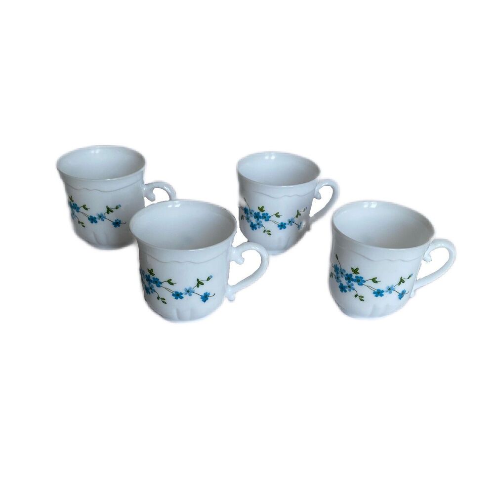 Set Of 4 Arcopal France Veronica Blue Floral Pattern Tea Coffee Cups 3 1/8"